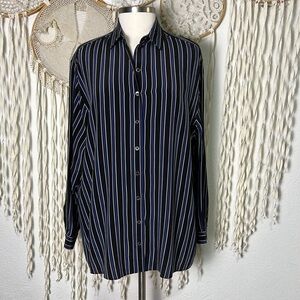Michael Kors Collection Made in Italy Navy Black Stripe Silk Long Sleeve Blouse